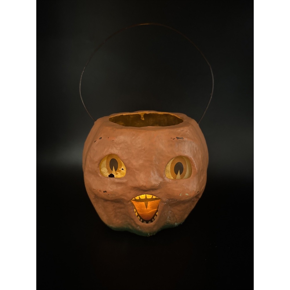 Bethany Lowe Halloween Pumpkin Bucket Paper Mache 6" Jackolantern Retro AS IS